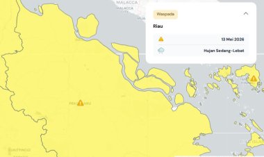 Prakiraan Cuaca Riau 13 Mei 2026, BMKG Terbitkan Peringatan Dini Waspada Hujan Lebat Disertai Petir dan Angin Kencang Siang dan Malam Hari