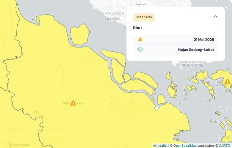 Prakiraan Cuaca Riau 1 Mei 2026, BMKG Terbitkan Peringatan Dini Waspada Hujan Lebat Disertai Petir dan Angin Kencang Siang dan Malam Hari