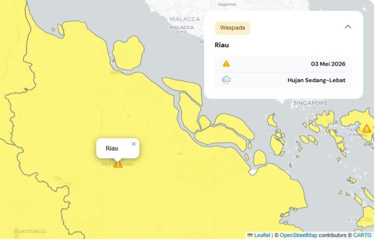 Prakiraan Cuaca Riau 3 Mei 2026, BMKG Terbitkan Peringatan Dini Waspada Hujan Lebat Disertai Petir dan Angin Kencang Siang dan Malam Hari
