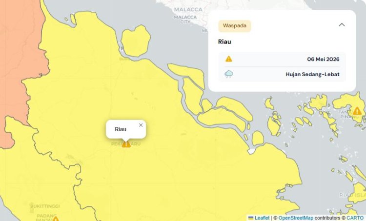 Prakiraan Cuaca Riau 6 Mei 2026, BMKG Terbitkan Peringatan Dini Waspada Hujan Lebat Disertai Petir dan Angin Kencang Sepanjang Hari