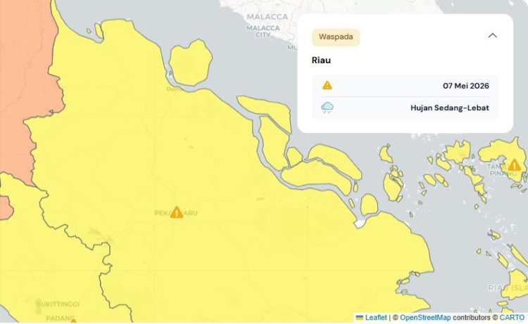 Prakiraan Cuaca Riau 6 Mei 2026, BMKG Terbitkan Peringatan Dini Waspada Hujan Lebat Disertai Petir dan Angin Kencang Siang dan Malam Hari
