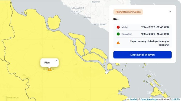 Prakiraan Cuaca Riau 12 Mei 2026, BMKG Terbitkan Peringatan Dini Waspada Hujan Lebat Disertai Petir dan Angin Kencang Siang Ini
