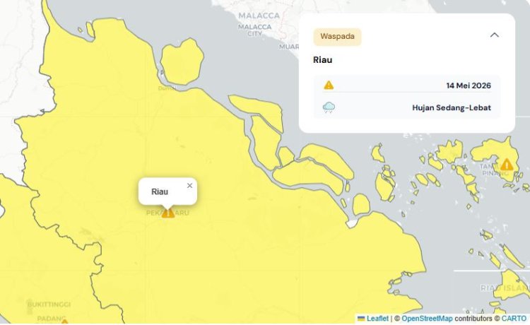 Prakiraan Cuaca Riau 14 Mei 2026, BMKG Terbitkan Peringatan Dini Waspada Hujan Lebat Disertai Petir dan Angin Kencang Sore Atau Malam Hari