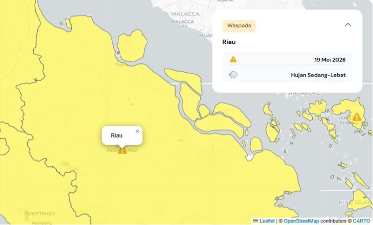 Prakiraan Cuaca Riau 19 Mei 2026, BMKG Terbitkan Peringatan Dini Waspada Hujan Lebat Disertai Petir dan Angin Kencang Malam dan Dini Hari