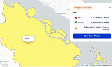 Prakiraan Cuaca Riau 12 Juni 2026, Peringatan Dini BMKG Waspada Hujan Lebat Disertai Petir dan Angin Kencang Pagi dan Siang Hari