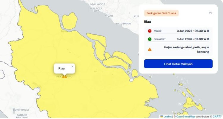 Prakiraan Cuaca Riau 4 Juni 2026, Peringatan Dini BMKG Waspada Hujan Lebat Disertai Petir dan Angin Kencang Malam dan Dini Hari