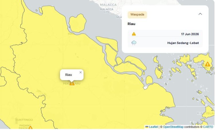 Prakiraan Cuaca Riau 17 Juni 2026, Peringatan Dini BMKG Waspada Hujan Lebat Disertai Petir dan Angin Kencang Siang dan Malam Hari