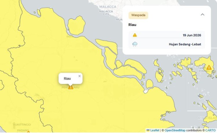 Prakiraan Cuaca Riau 19 Juni 2026, Peringatan Dini BMKG Waspada Hujan Lebat Disertai Petir dan Angin Kencang Siang dan Malam Hari