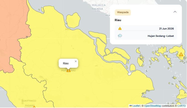 Prakiraan Cuaca Riau 21 Juni 2026, Peringatan Dini BMKG Waspada Hujan Lebat Disertai Petir dan Angin Kencang Sore hingga Malam Hari