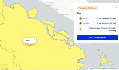 Prakiraan Cuaca Riau 12 Juli 2026, Peringatan Dini BMKG Waspada Hujan Lebat Disertai Petir dan Angin Kencang di Kampar dan Kuansing