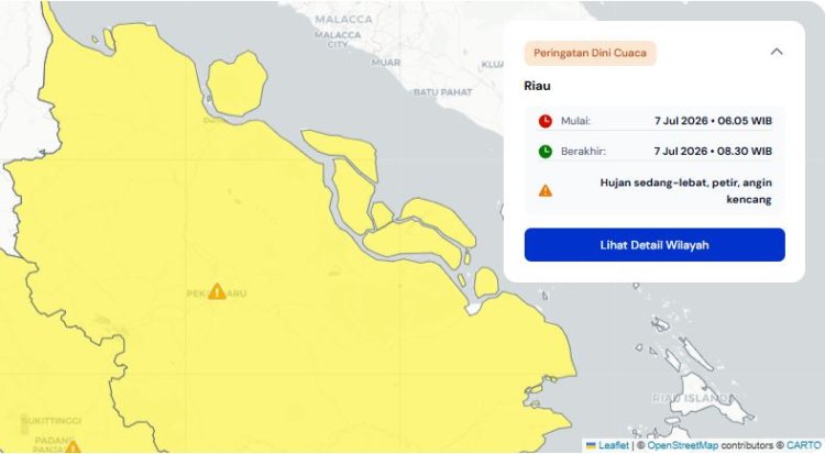 Prakiraan Cuaca Riau 7 Juli 2026, BMKG Terbitkan Peringatan Dini Waspada Hujan Lebat Disertai Petir dan Angin Kencang Pagi Ini