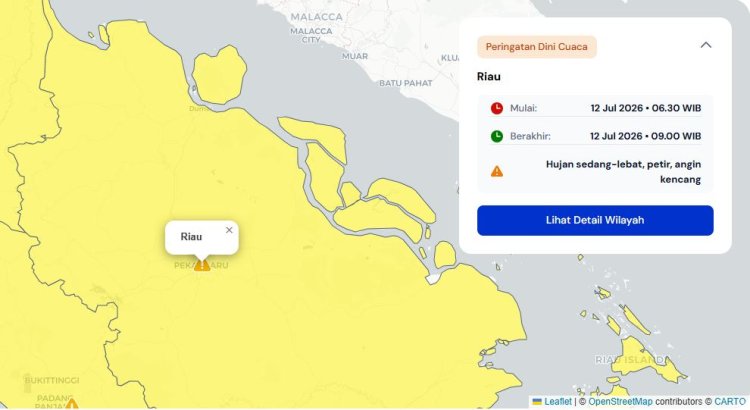 Prakiraan Cuaca Riau 12 Juli 2026, Peringatan Dini BMKG Waspada Hujan Lebat Disertai Petir dan Angin Kencang di Kampar dan Kuansing