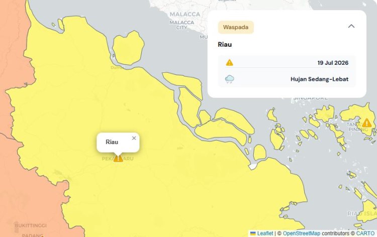 Prakiraan Cuaca Riau 19 Juli 2026, Peringatan Dini BMKG Waspada Hujan Lebat Disertai Petir dan Angin Kencang Siang dan Malam Hari