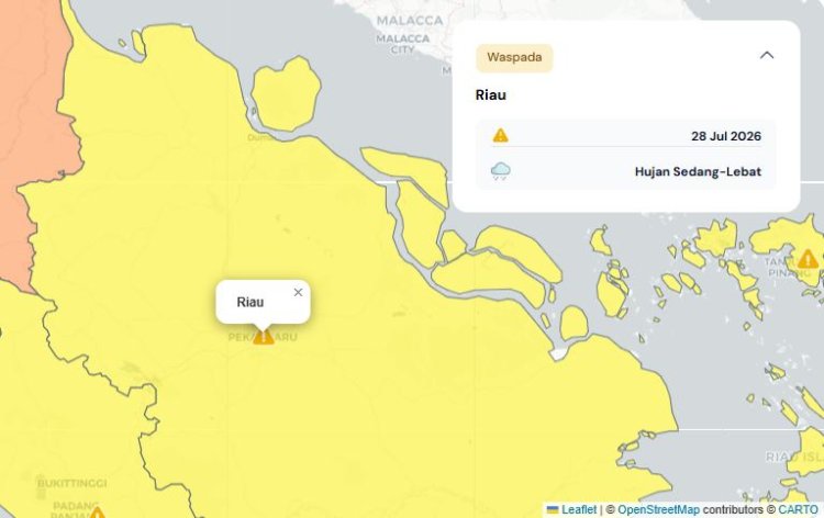 Prakiraan Cuaca Riau 28 Juli 2026, Peringatan Dini BMKG Waspada Hujan Lebat Disertai Petir dan Angin Kencang Sore dan Dini Hari