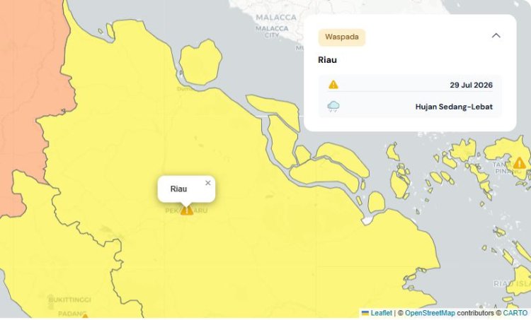 Prakiraan Cuaca Riau 29 Juli 2026, Peringatan Dini BMKG Waspada Hujan Lebat Disertai Petir dan Angin Kencang Malam Hari