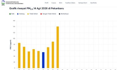 Kualitas Udara Pekanbaru Tidak Sehat 14 Agustus 2026, 46 Titik Panas Menyala di Riau, Kepala Api di Rengat Berhasil Dikendalikan