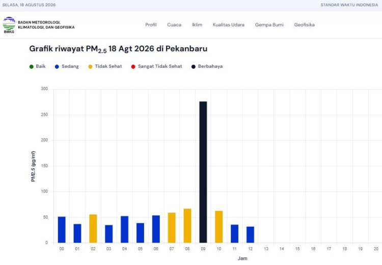 Kualitas Udara Pekanbaru Sempat Berbahaya 18 Agustus 2026, Konsentrasi Partikulat 276 µg/m³, Diduga Asap Kiriman Pelalawan