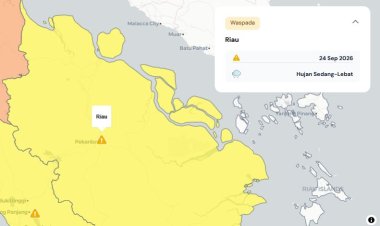 Prakiraan Cuaca Riau 24 September 2026, Peringatan Dini BMKG Waspada Hujan Lebat Disertai Petir dan Angin Kencang Sore atau Malam Hari