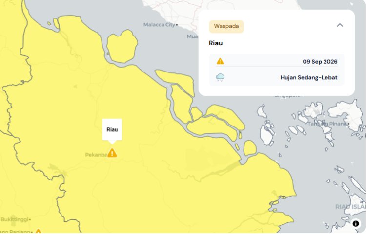 Prakiraan Cuaca Riau 9 September 2026, Peringatan Dini BMKG Waspada Hujan Lebat Disertai Petir dan Angin Kencang Malam Hari