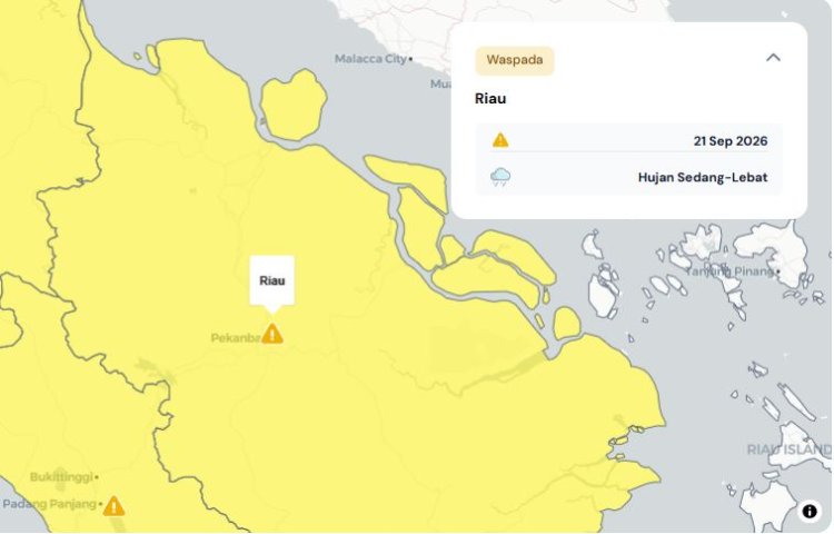Prakiraan Cuaca Riau 21 September 2026, Peringatan Dini BMKG Waspada Hujan Lebat Disertai Petir dan Angin Kencang Siang dan Malam Hari