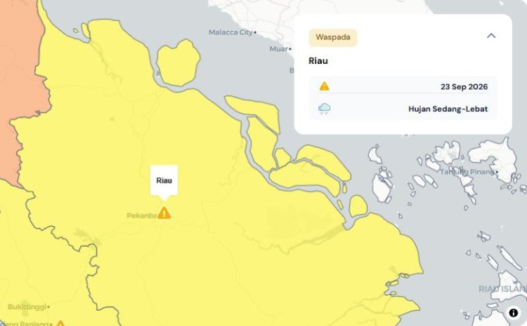 Prakiraan Cuaca Riau 23 September 2026, Peringatan Dini BMKG Waspada Hujan Lebat Disertai Petir dan Angin Kencang Sore dan Malam Hari