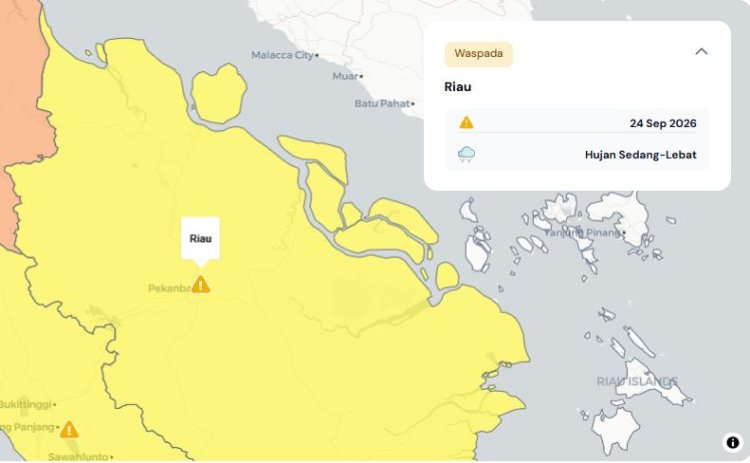 Prakiraan Cuaca Riau 24 September 2026, Peringatan Dini BMKG Waspada Hujan Lebat Disertai Petir dan Angin Kencang Sore atau Malam Hari