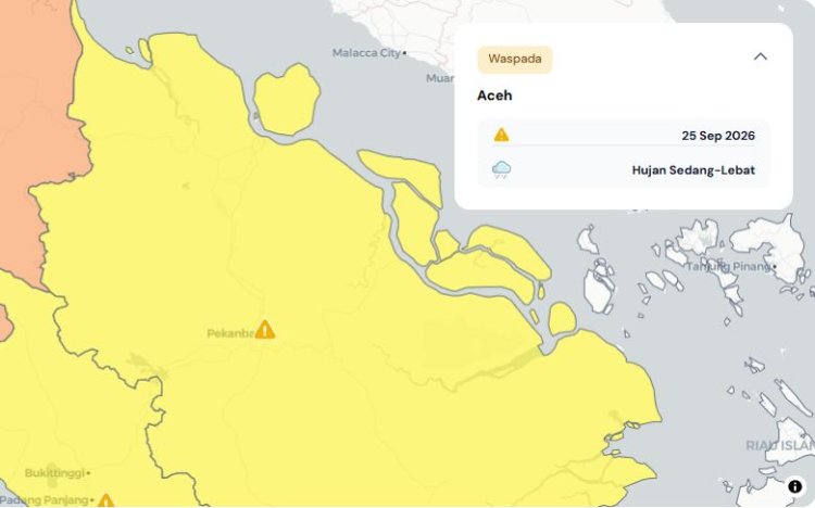 Prakiraan Cuaca Riau 25 September 2026, Peringatan Dini BMKG Waspada Hujan Lebat Disertai Petir dan Angin Kencang Sore atau Malam Hari