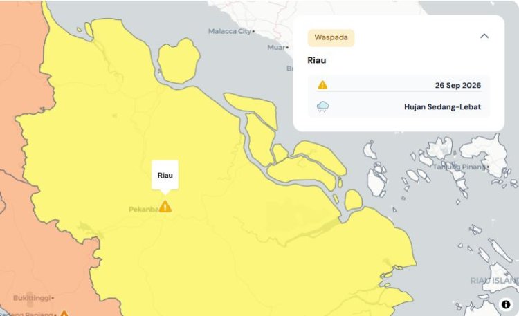Prakiraan Cuaca Riau 26 September 2026, Peringatan Dini BMKG Waspada Hujan Lebat Disertai Petir dan Angin Kencang Siang dan Malam Hari