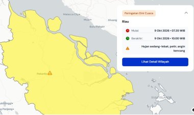 Prakiraan Cuaca Riau 9 Oktober 2026, Peringatan Dini BMKG Waspada Hujan Lebat Disertai Petir dan Angin Kencang Sore atau Dini Hari