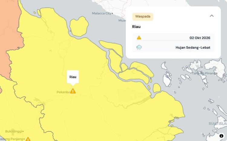 Prakiraan Cuaca Riau 2 Oktober 2026, Peringatan Dini BMKG Waspada Hujan Lebat Disertai Petir dan Angin Kencang Siang dan Malam Hari