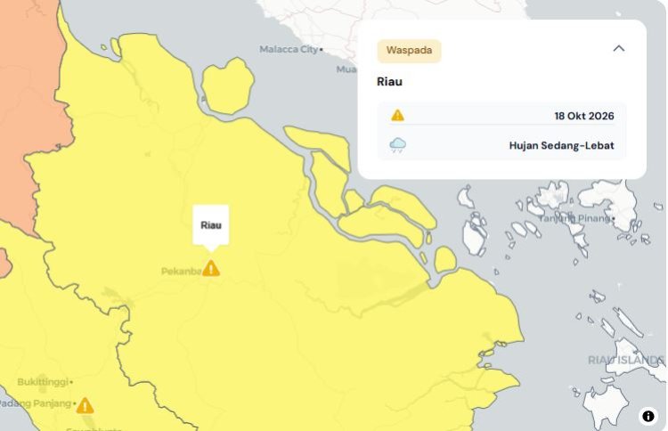 Prakiraan Cuaca Riau 18 Oktober 2026, Peringatan Dini BMKG Waspada Hujan Lebat Disertai Petir dan Angin Kencang Sore dan Malam Hari