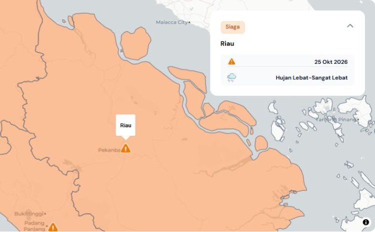 Prakiraan Cuaca Riau 25 Oktober 2026, Peringatan Dini BMKG Waspada Hujan Lebat Disertai Petir dan Angin Kencang Sore dan Malam Hari