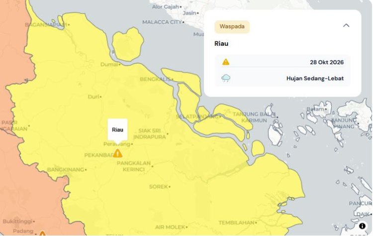 Prakiraan Cuaca Riau 28 Oktober 2026, Peringatan Dini BMKG Waspada Hujan Lebat Disertai Petir dan Angin Kencang Sore dan Malam Hari